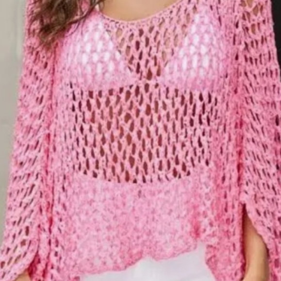 VENTI 6 Open Weave Holey Italian PINK Italy Off Shoulder Knit Poncho Sheer Shirt - Picture 2 of 6